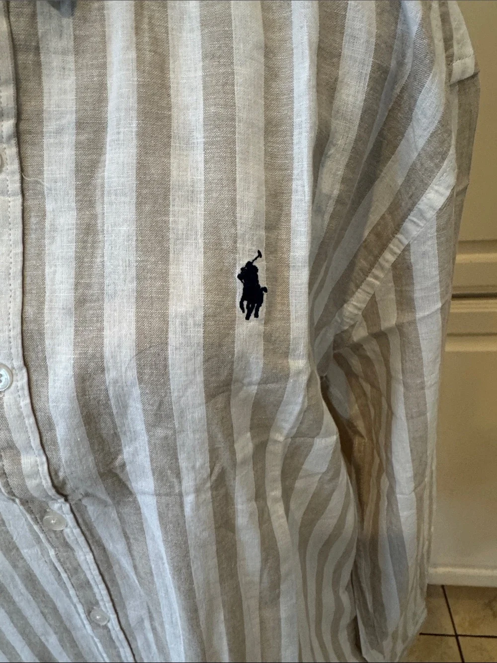 Polo by Ralph Lauren Men’s Vertical Stripe Linen Button-Down Shirt - White & Tan